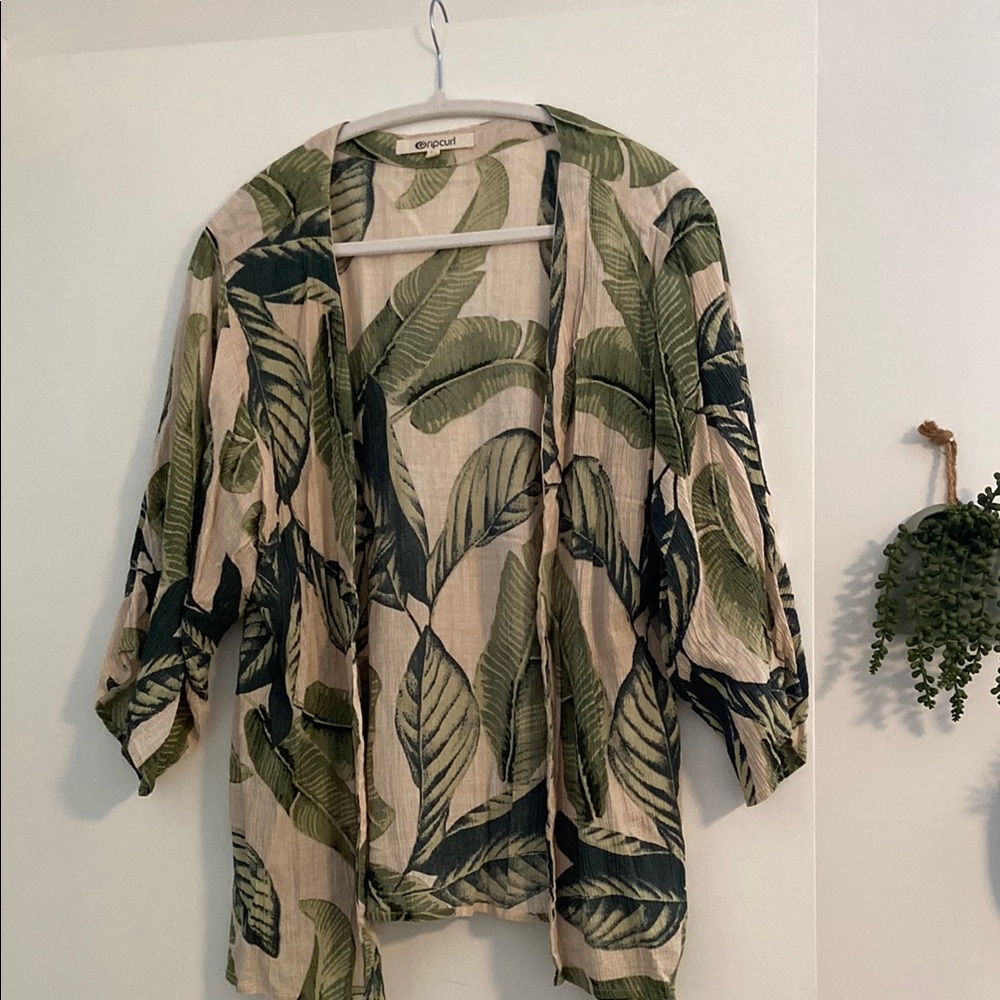 Ripcurl Tropical Leaf Print Kimono Cardigan krinkle green floral medium